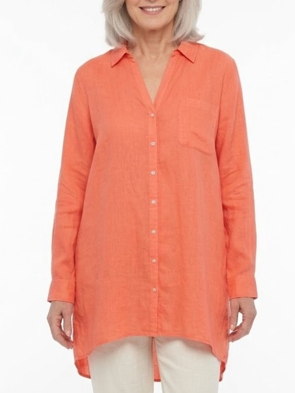 NWT Sigrid Olsen 100% Linen Tunic XL Button Up Collar Roll Tab Sleeves Coral⁠